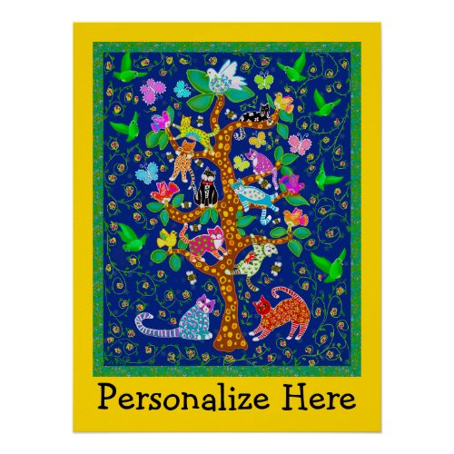 Cat Bird Tree of Life Fun Personalized Poster
