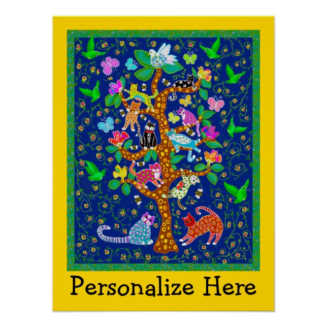 Cat Bird Tree of Life Fun Personalized Poster (Front)