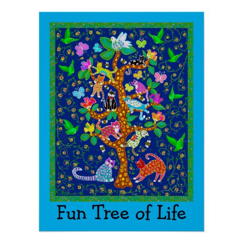 Cat Bird Tree of Life Fun  Poster