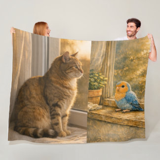 Cat & Bird Window Companions Cozy Fleece Blanket