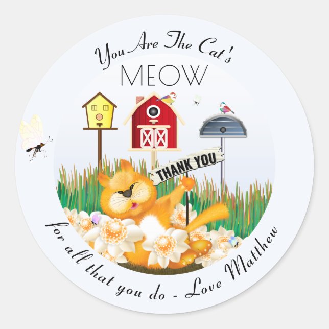 Cat Birds Garden Thank You Classic Round Sticker (Front)