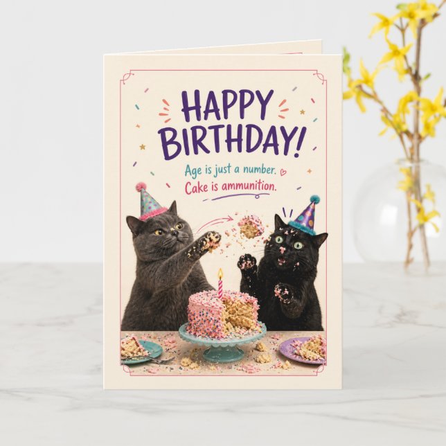 Cat Birthday Cake Battle Card (Yellow Flower)
