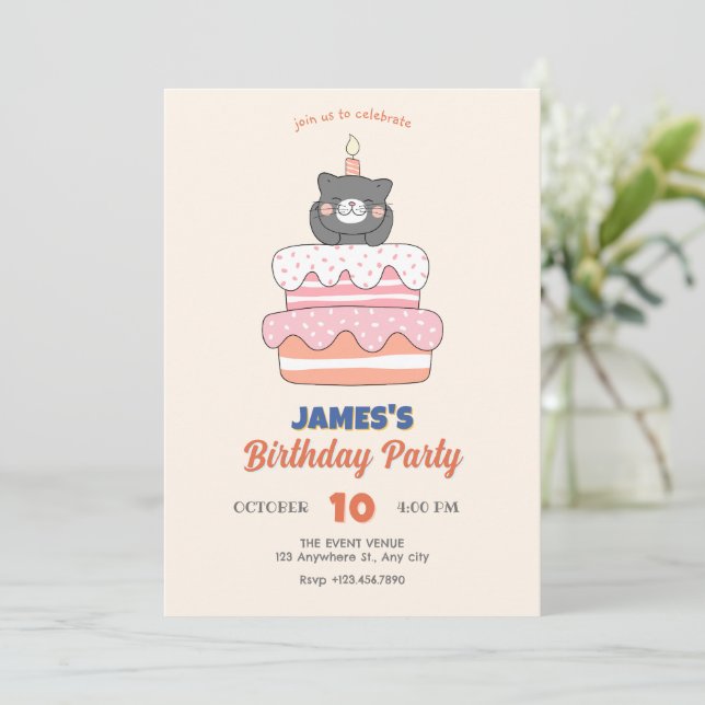 Cat birthday cake  invitation (Standing Front)
