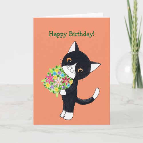 Cat Birthday Card Cute TuxedoCat with Flowers Card
