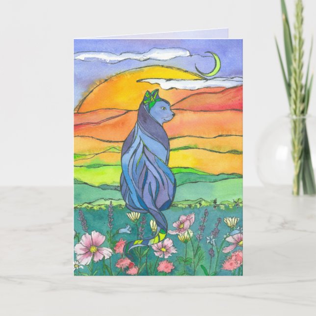 Cat Birthday Crescent Moon Mountain Landscape  Card (Front)