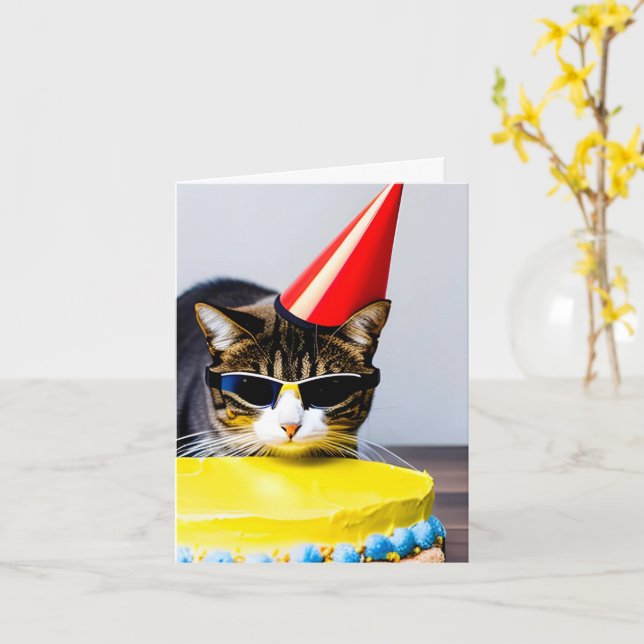 Cat Birthday Folded Greeting Card (Yellow Flower)