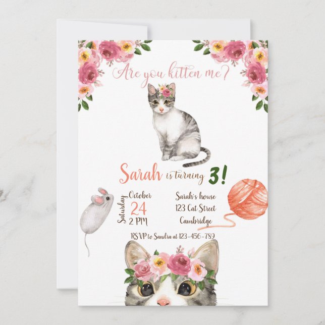 Cat Birthday Invitation, Cat Invitation, Kitty Invitation (Front)