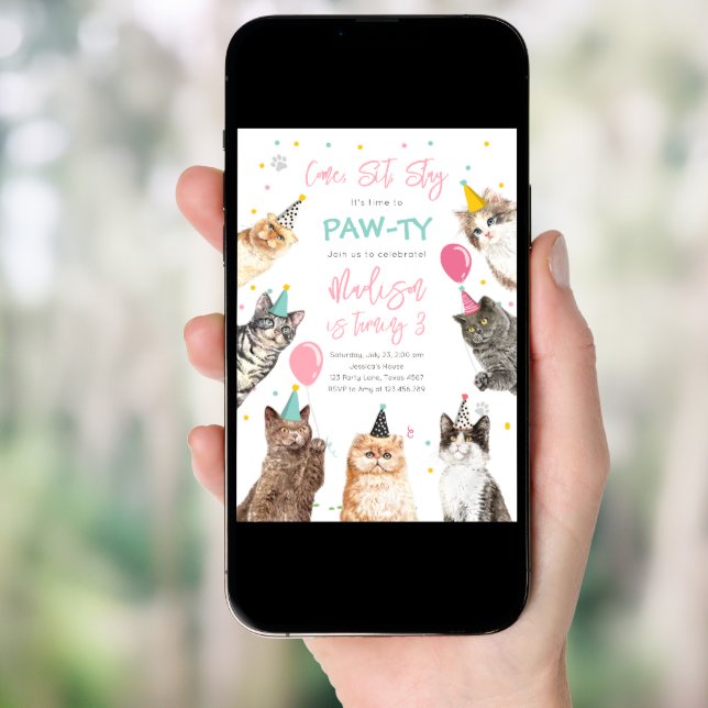 Cat Birthday Invitation Kitten Party Pawty Girl (Front Digital)