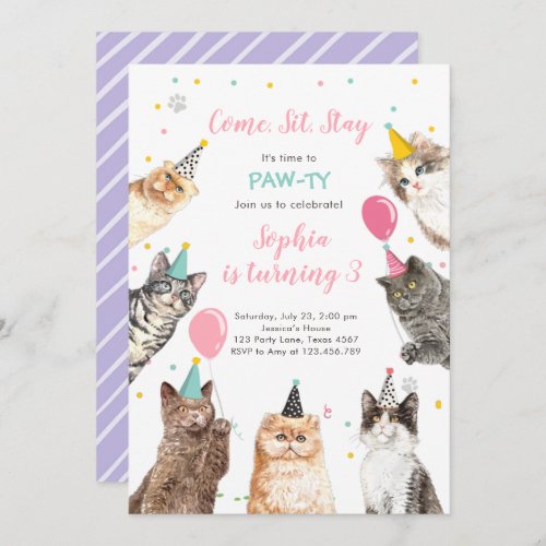 Cat Birthday Invitation Kitten Party Pawty Girl