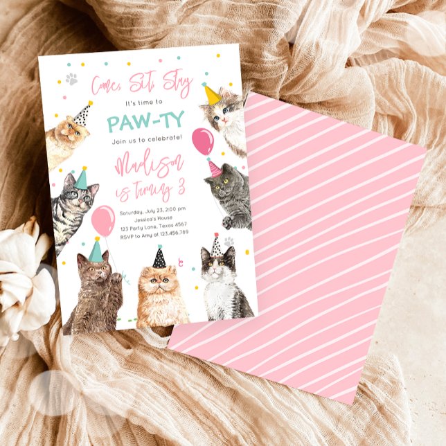 Cat Birthday Invitation Kitten Party Pawty Girl (Creator Uploaded)