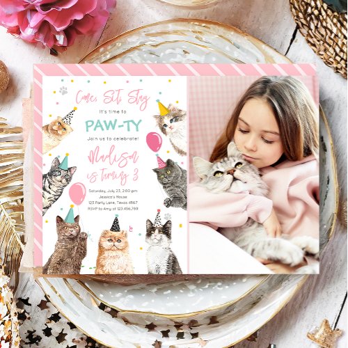 Cat Birthday Invitation Kitten Party Pawty Girl