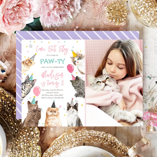 Cat Birthday Invitation Kitten Party Pawty Girl (Creator Uploaded)