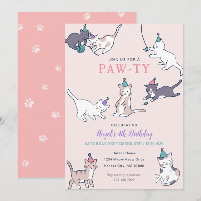 Cat Birthday Invitations with Party Cats | Pink (Front/Back)
