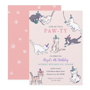 Cat Birthday Invitations with Party Cats | Pink