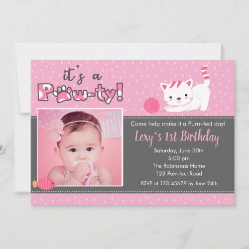 Cat Birthday Invitations with Photo Girls Pink