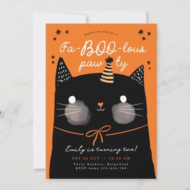 Cat Birthday invite, Black Cat Halloween Birthday  Invitation (Front)