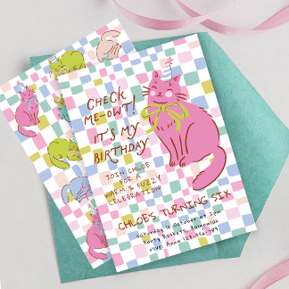 Cat Birthday Invite, Girls Party Invite, Retro Cat Invitation
