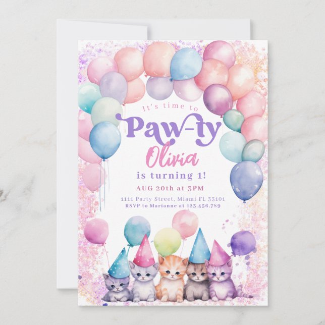 Cat Birthday Kitten Party Pawty Girl  Invitation (Front)