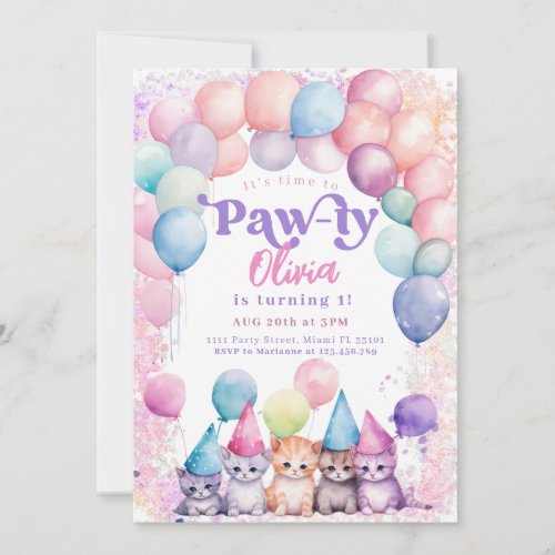 Cat Birthday Kitten Party Pawty Girl  Invitation