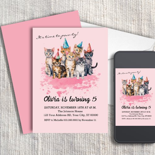 Cat Birthday Party Girls and Kids Invitation