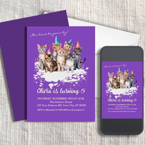Cat Birthday Party Girls and Kids Purple Invitation