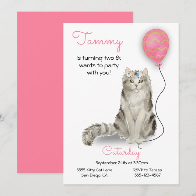 Cat Birthday Party Invitation (Front/Back)