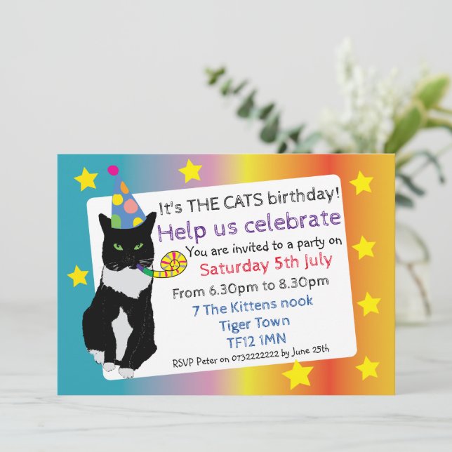 Cat birthday party invitation fun pets celebration (Standing Front)