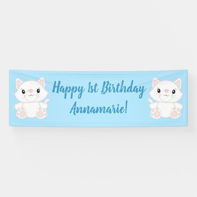 Cat Birthday Party Kitty Blue Banner (Horizontal)