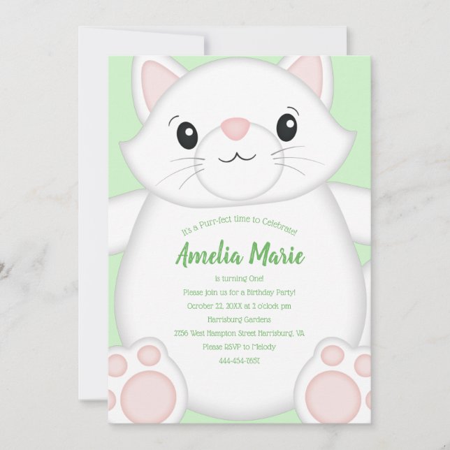 Cat Birthday Party Kitty Green Invitation (Front)
