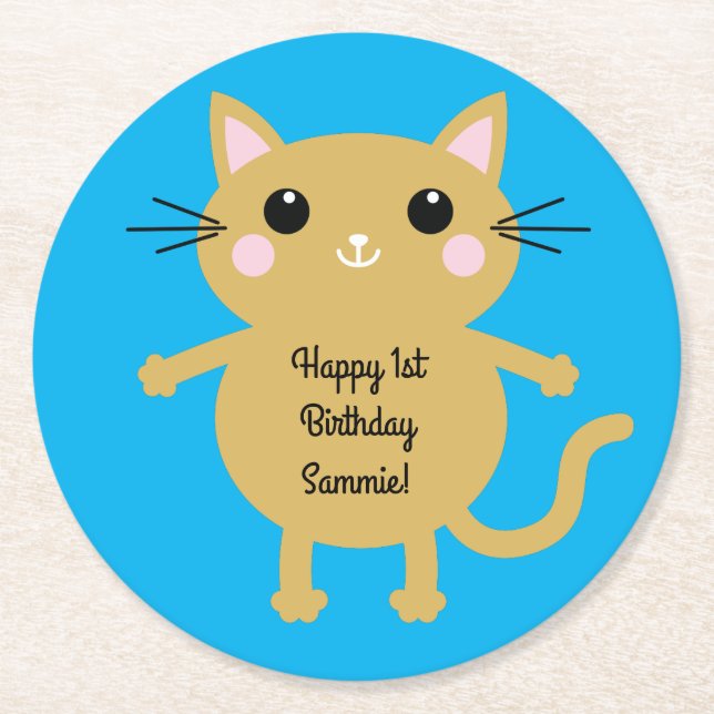Cat Birthday Party Round Paper Coaster (Front)