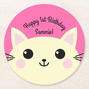 Cat Birthday Party Round Paper Coaster