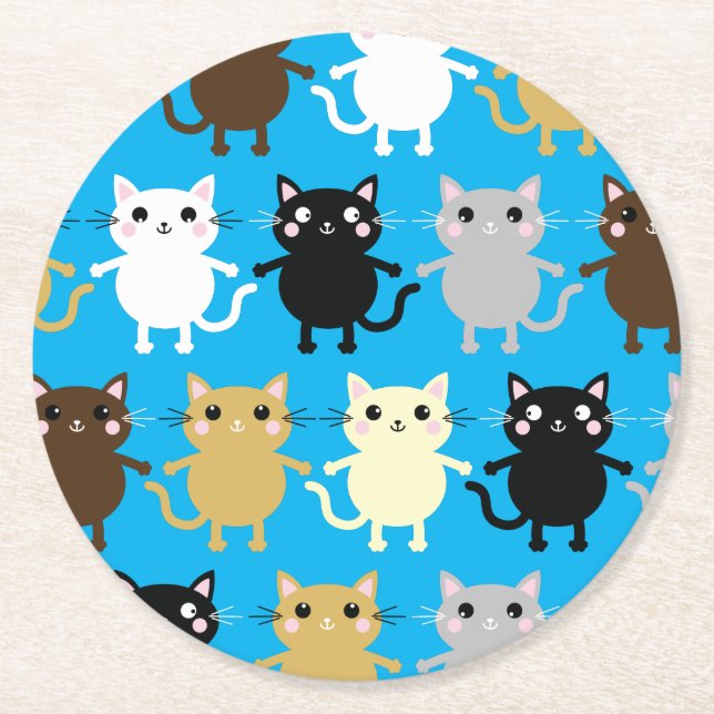 Cat Birthday Party Round Paper Coaster (Front)