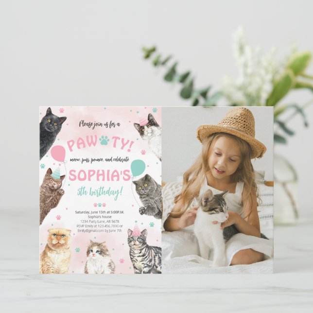 Cat Birthday Pawty Photo Invitation (Standing Front)