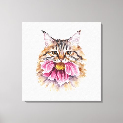 Cat Biting Flower Watercolor  Canvas Print