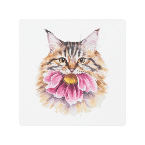 Cat Biting Flower Watercolor  Metal Print