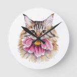 Cat Biting Flower Watercolor Print Round Clock