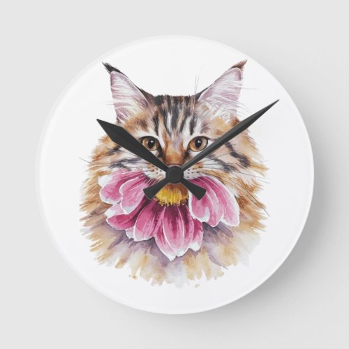 Cat Biting Flower Watercolor Print Round Clock