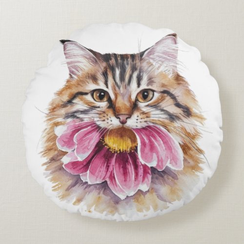 Cat Biting Flower Watercolor Print Round Pillow