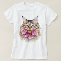 Cat Biting Flower Watercolor Print T-Shirt