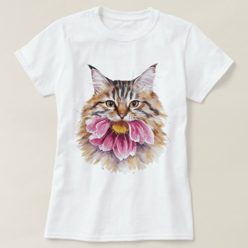 Cat Biting Flower Watercolor Print T_Shirt