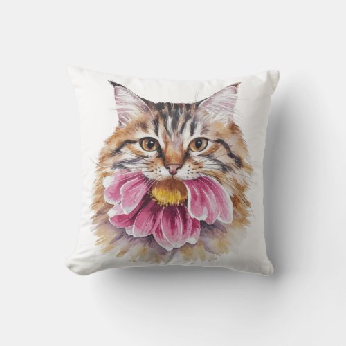 Cat Biting Flower Watercolor Print Throw Pillow