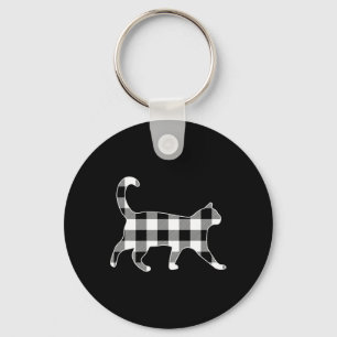 Cat Black And White Buffalo Plaid Merry Christmas Keychain
