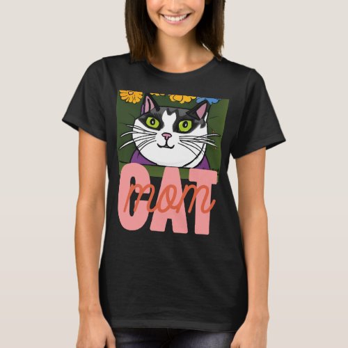 Cat Black and White Tuxedo Cat with Flower Cat Mom T_Shirt