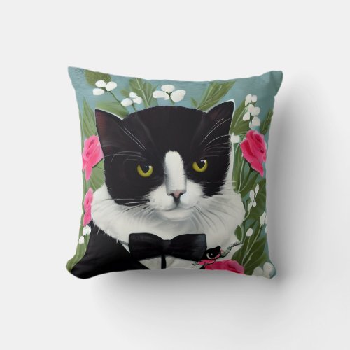 Cat Black and White Tuxedo Cat with Flower   Throw Pillow