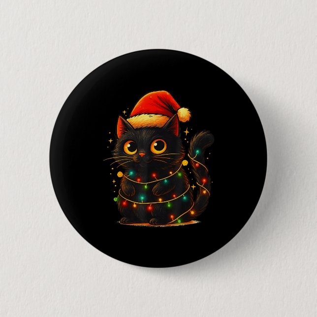 Cat Black Christmas Tree Lights Funny Santa Kitten Button (Front)
