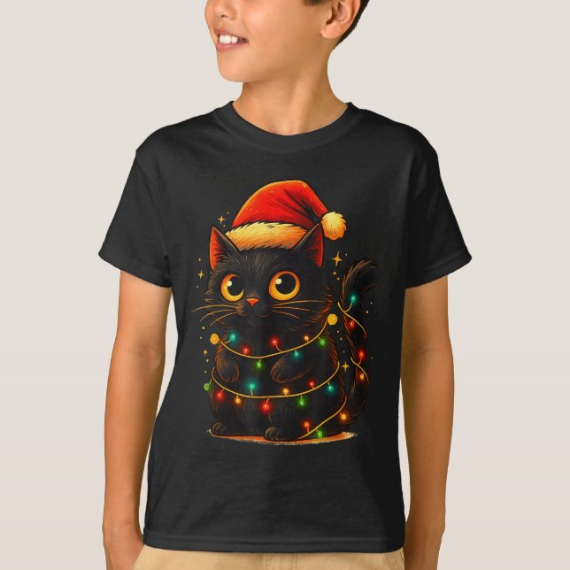 Cat Black Christmas Tree Lights Funny Santa Kitten T-Shirt (Front)