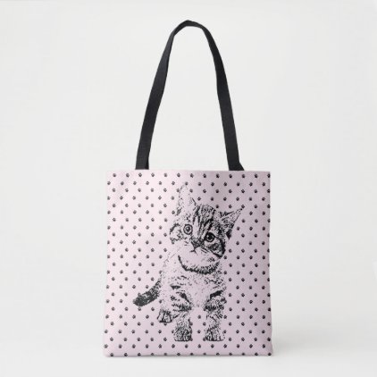 Cat black graphic pen on pink tote bag