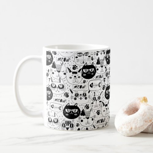 cat black meow cute doodle coffee mug
