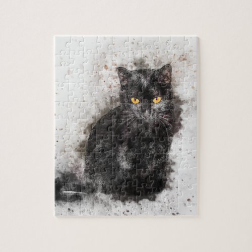 cat black pet abstract art watercolor paint jigsaw puzzle