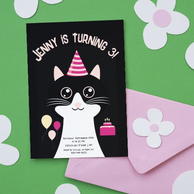 Cat black pink birthday invitation card (Creator Uploaded)